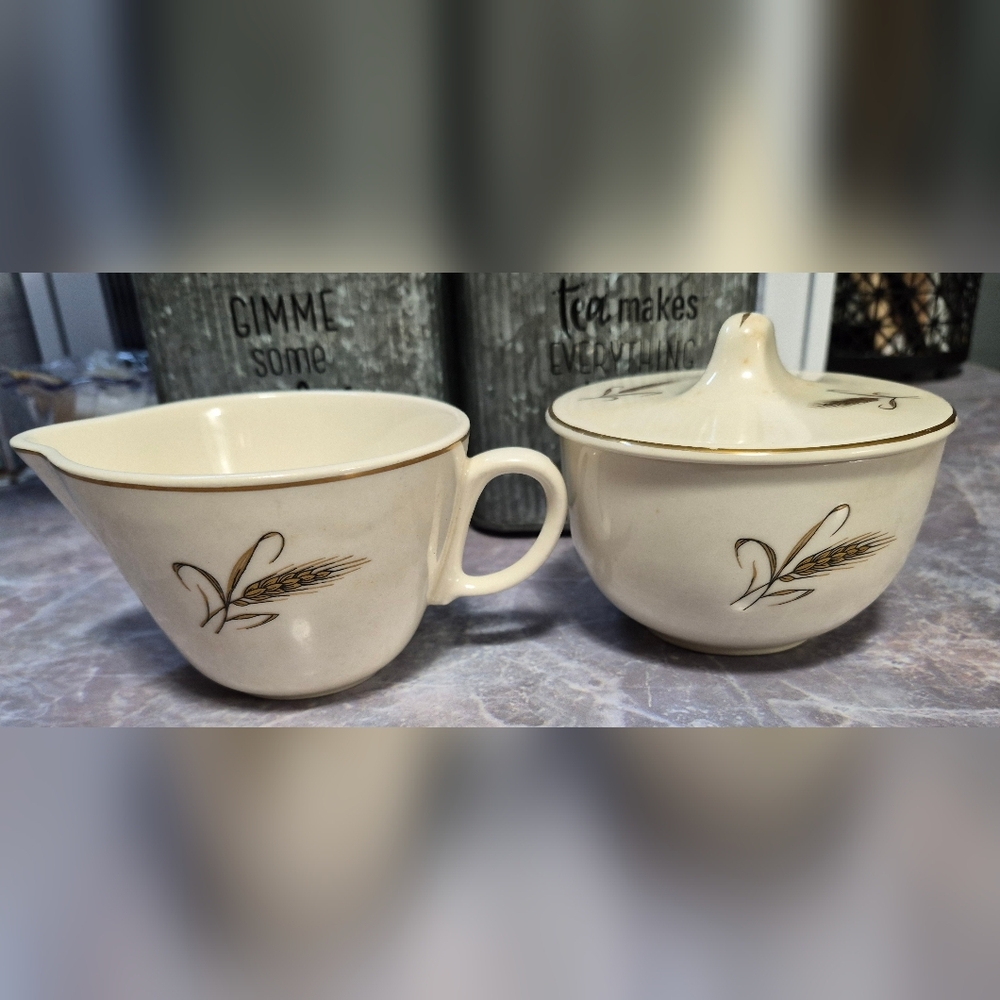 Vintage 1950s Salem Royal Joci 23 K. Gold Hand Painted Wheat Cream And Sugar Set